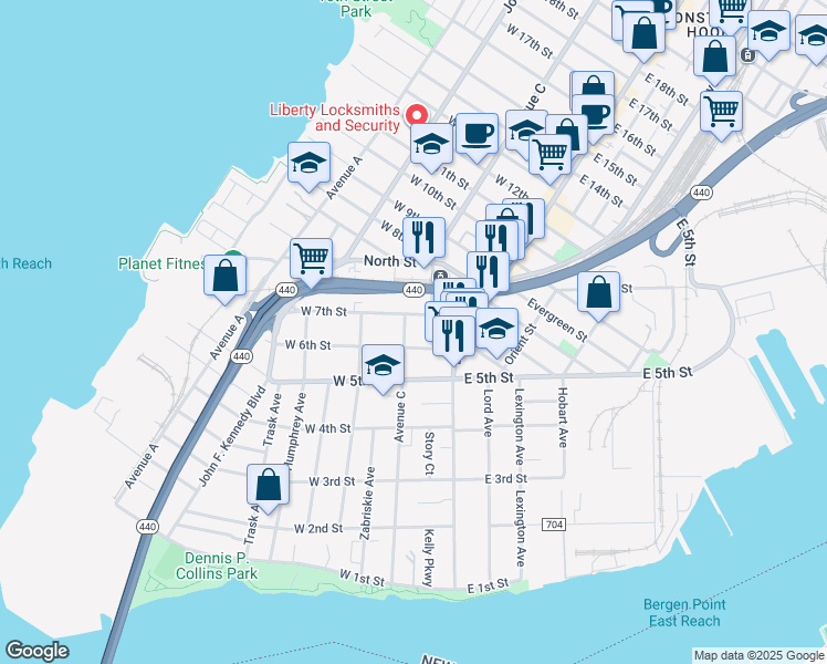 map of restaurants, bars, coffee shops, grocery stores, and more near 192 Avenue C in Bayonne