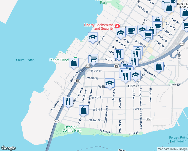 map of restaurants, bars, coffee shops, grocery stores, and more near 110 West 7th Street in Bayonne
