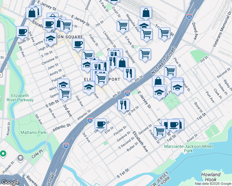map of restaurants, bars, coffee shops, grocery stores, and more near 414 Marshall Street in Elizabeth