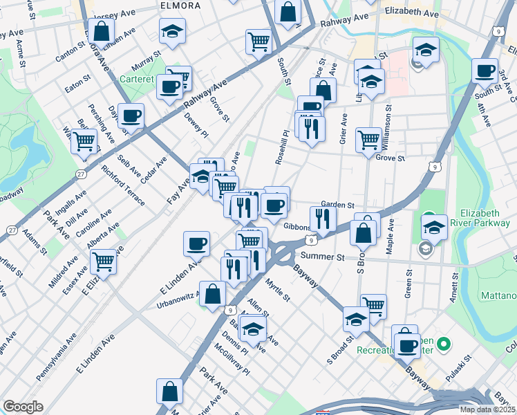 map of restaurants, bars, coffee shops, grocery stores, and more near 523 Lidgerwood Avenue in Elizabeth