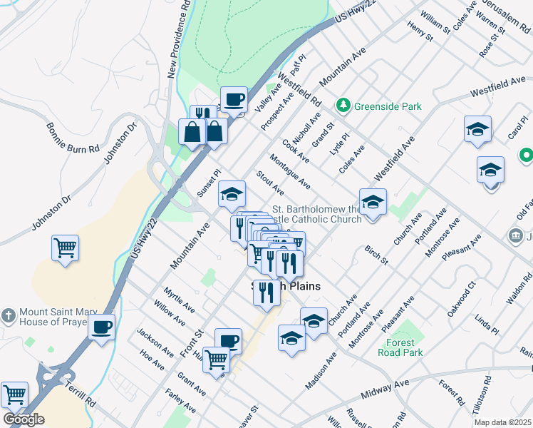 map of restaurants, bars, coffee shops, grocery stores, and more near 1941 Grand Street in Scotch Plains