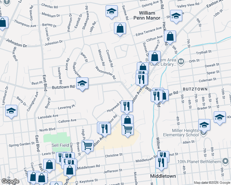 map of restaurants, bars, coffee shops, grocery stores, and more near 2065 Hopewell Road in Bethlehem
