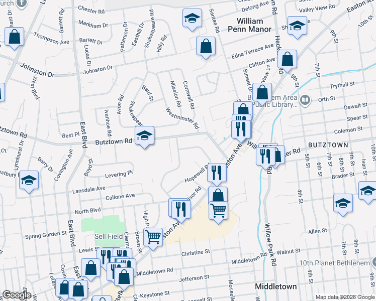 map of restaurants, bars, coffee shops, grocery stores, and more near 2710 Nottingham Road in Bethlehem