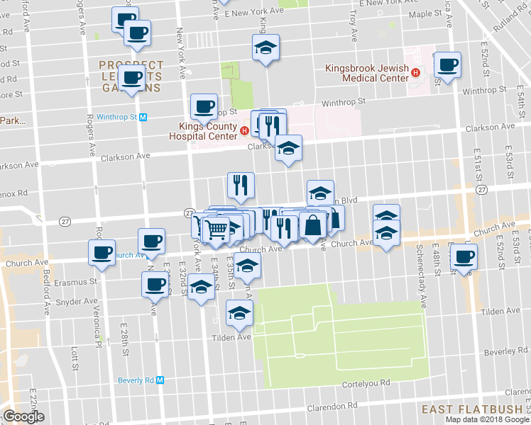 map of restaurants, bars, coffee shops, grocery stores, and more near 446 Linden Boulevard in Brooklyn