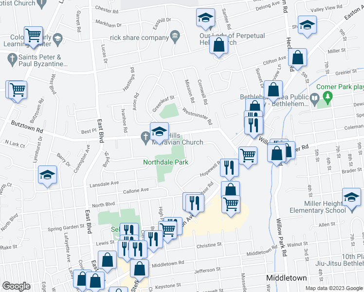 map of restaurants, bars, coffee shops, grocery stores, and more near 2677 Melina Court in Bethlehem