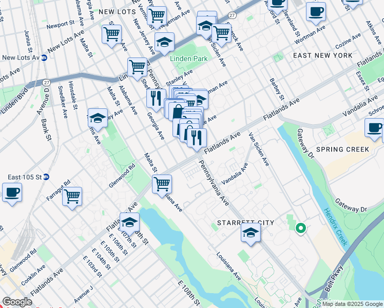 map of restaurants, bars, coffee shops, grocery stores, and more near 1130 Pennsylvania Avenue in Brooklyn