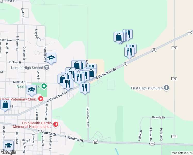 map of restaurants, bars, coffee shops, grocery stores, and more near 1005 East Columbus Street in Kenton