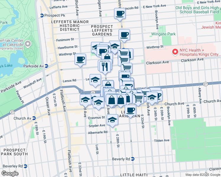 map of restaurants, bars, coffee shops, grocery stores, and more near 199 Linden Boulevard in Brooklyn