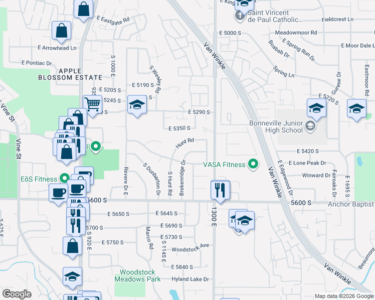 map of restaurants, bars, coffee shops, grocery stores, and more near 1211 Brekenridge Drive in Salt Lake City
