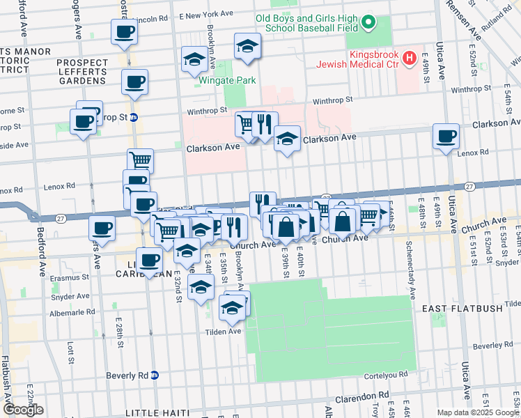 map of restaurants, bars, coffee shops, grocery stores, and more near 450 Linden Boulevard in Brooklyn