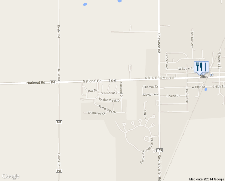 map of restaurants, bars, coffee shops, grocery stores, and more near 8 Hansom Lane in Cridersville