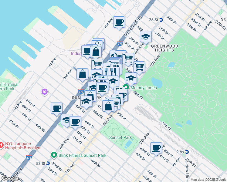 map of restaurants, bars, coffee shops, grocery stores, and more near 427 38th Street in Brooklyn