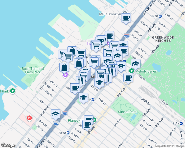 map of restaurants, bars, coffee shops, grocery stores, and more near 4102 3rd Avenue in Brooklyn