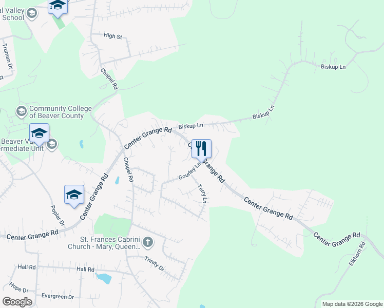 map of restaurants, bars, coffee shops, grocery stores, and more near 392 Center Grange Road in Monaca