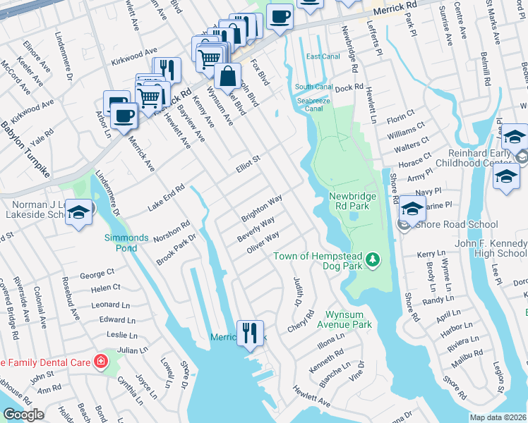 map of restaurants, bars, coffee shops, grocery stores, and more near 120 Brighton Way in Merrick