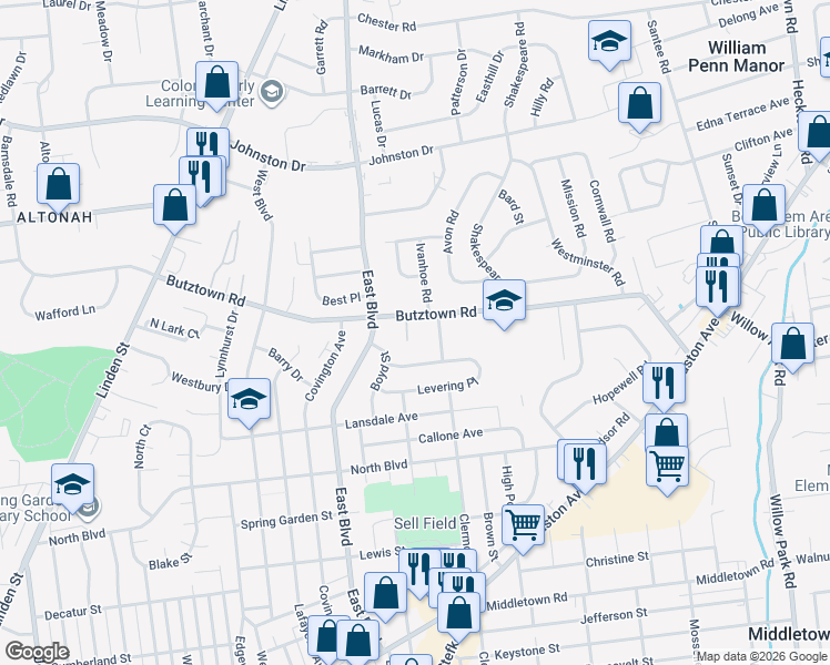 map of restaurants, bars, coffee shops, grocery stores, and more near 2733 Clermont Street in Bethlehem