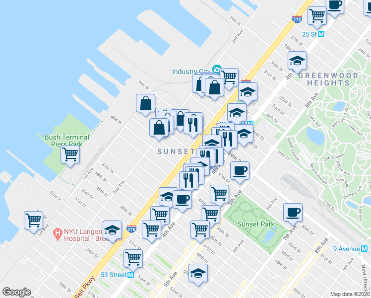 map of restaurants, bars, coffee shops, grocery stores, and more near 4102 3rd Avenue in Brooklyn