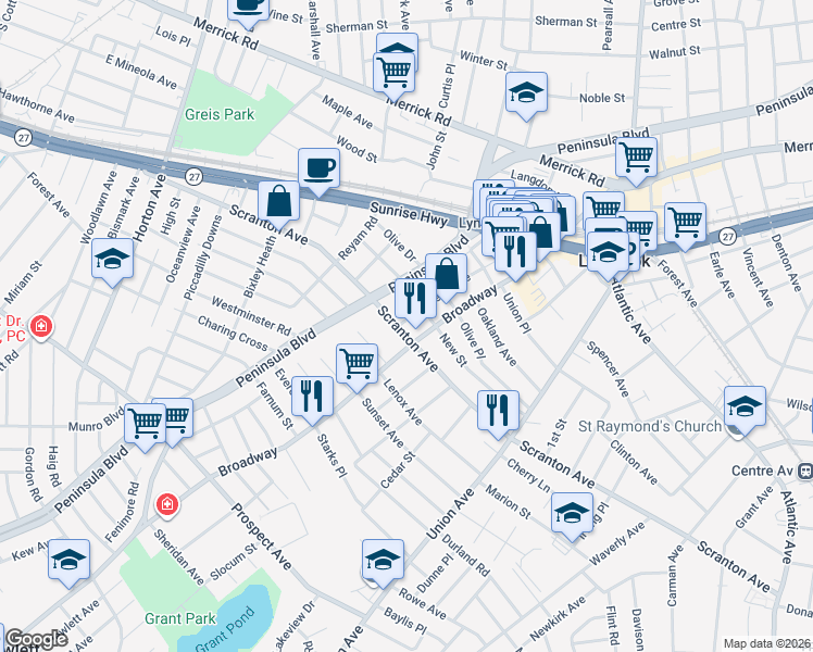 map of restaurants, bars, coffee shops, grocery stores, and more near 8 Evergreen Avenue in Lynbrook