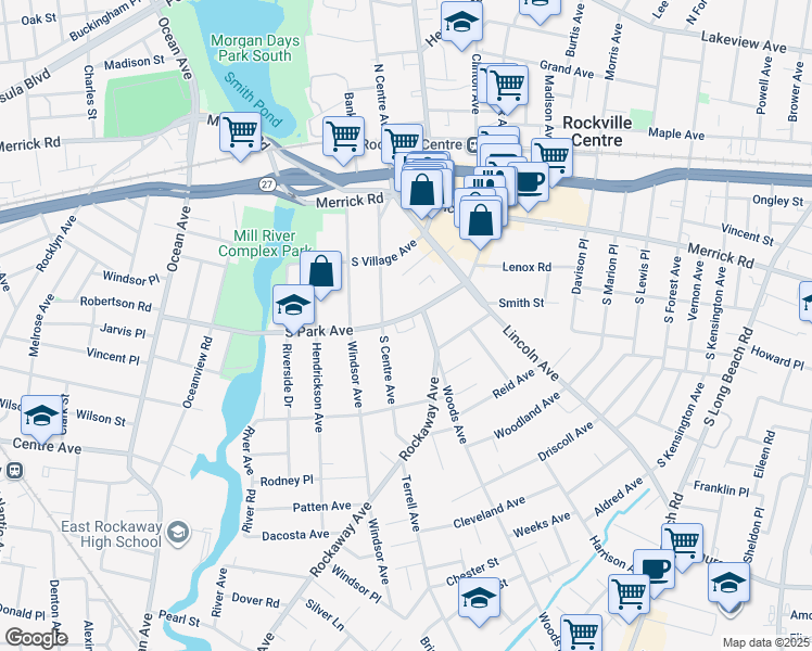 map of restaurants, bars, coffee shops, grocery stores, and more near 99 South Park Avenue in Rockville Centre