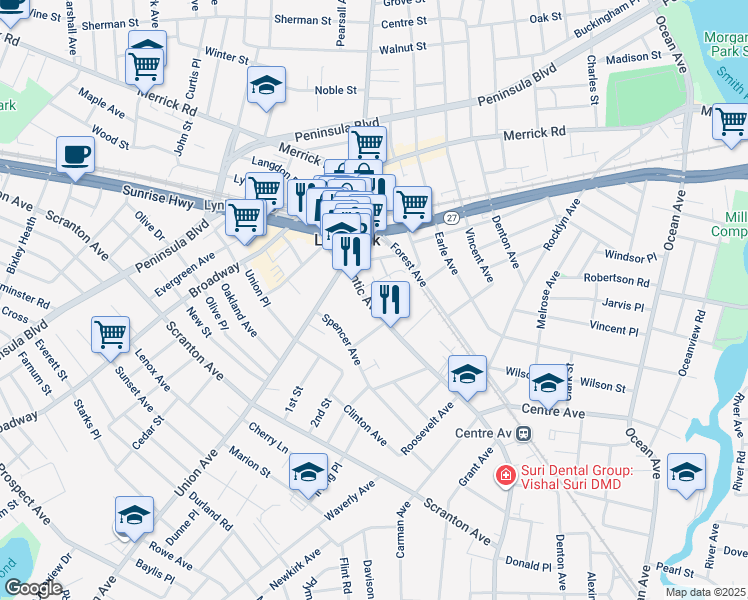 map of restaurants, bars, coffee shops, grocery stores, and more near 120 Atlantic Avenue in Lynbrook