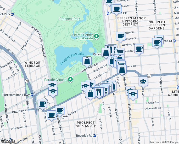 map of restaurants, bars, coffee shops, grocery stores, and more near 15 Woodruff Avenue in Brooklyn