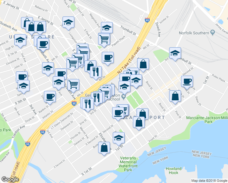 map of restaurants, bars, coffee shops, grocery stores, and more near 313 Livingston Street in Elizabeth