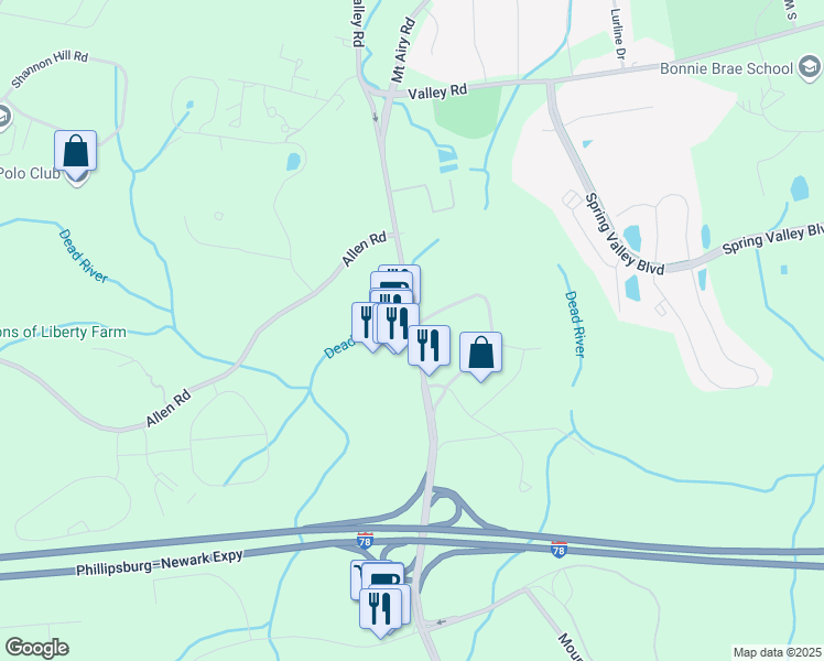 map of restaurants, bars, coffee shops, grocery stores, and more near 505 Martinsville Road in Bernards