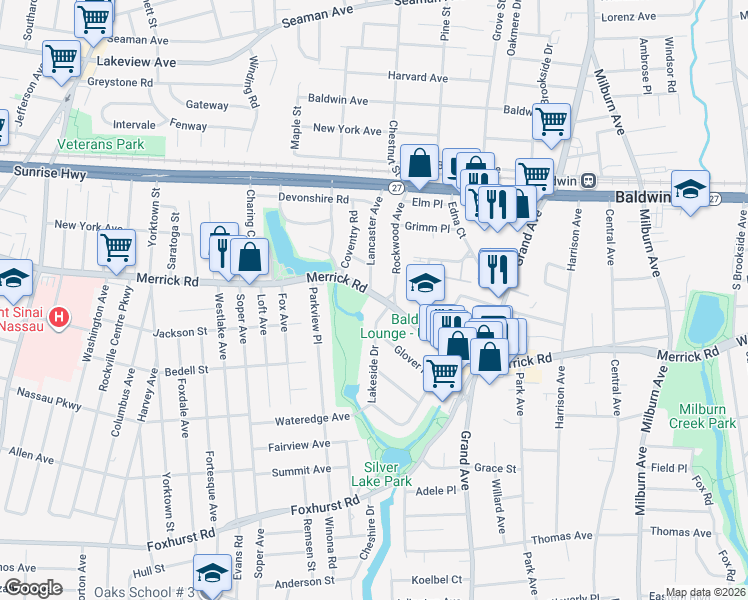 map of restaurants, bars, coffee shops, grocery stores, and more near 650 Merrick Road in Baldwin