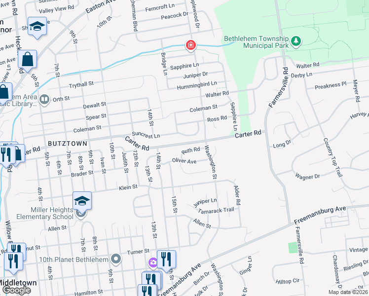 map of restaurants, bars, coffee shops, grocery stores, and more near 4045 Ruth Road in Bethlehem
