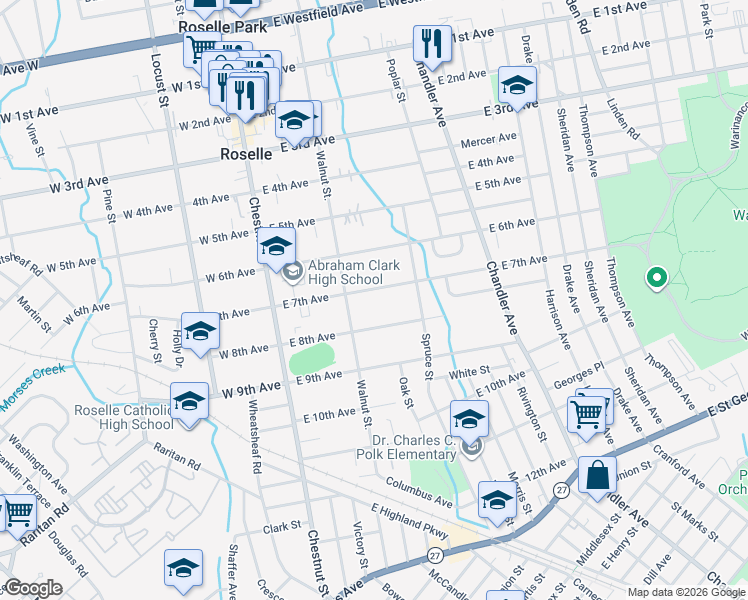 map of restaurants, bars, coffee shops, grocery stores, and more near 222 E 7th Ave in Roselle