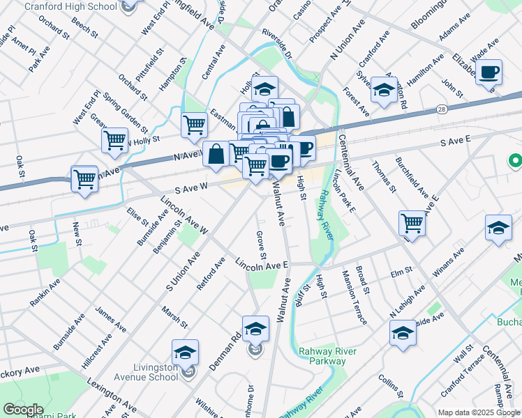 map of restaurants, bars, coffee shops, grocery stores, and more near 7 Retford Avenue in Cranford
