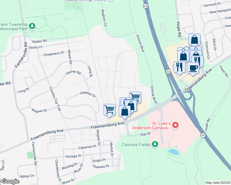 map of restaurants, bars, coffee shops, grocery stores, and more near 2215 Cook Drive in Easton