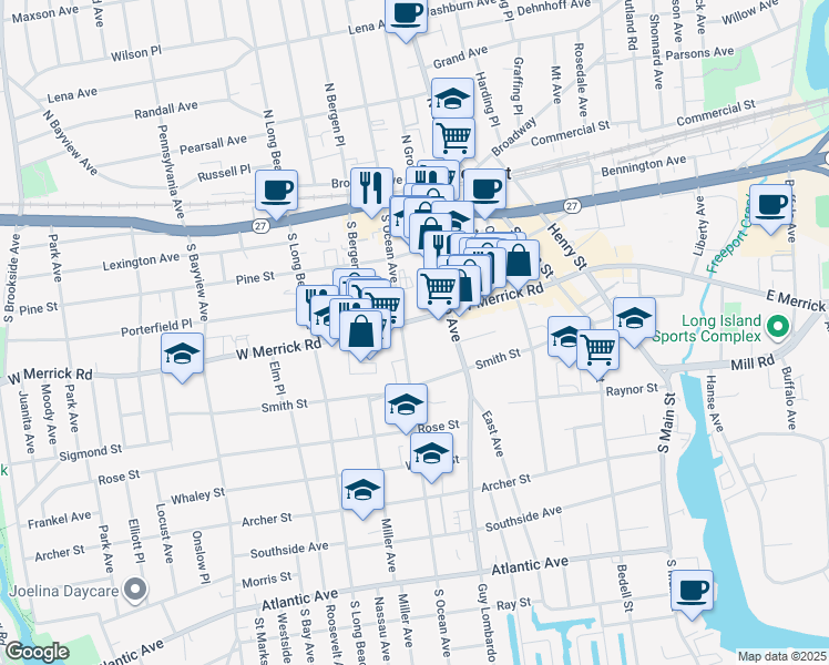map of restaurants, bars, coffee shops, grocery stores, and more near 131 West Merrick Road in Freeport
