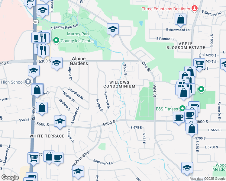 map of restaurants, bars, coffee shops, grocery stores, and more near 5440 Willow Lane in Murray