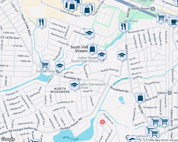 map of restaurants, bars, coffee shops, grocery stores, and more near 32 Sycamore Road in Valley Stream