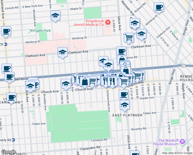 map of restaurants, bars, coffee shops, grocery stores, and more near 355 East 45th Street in Brooklyn