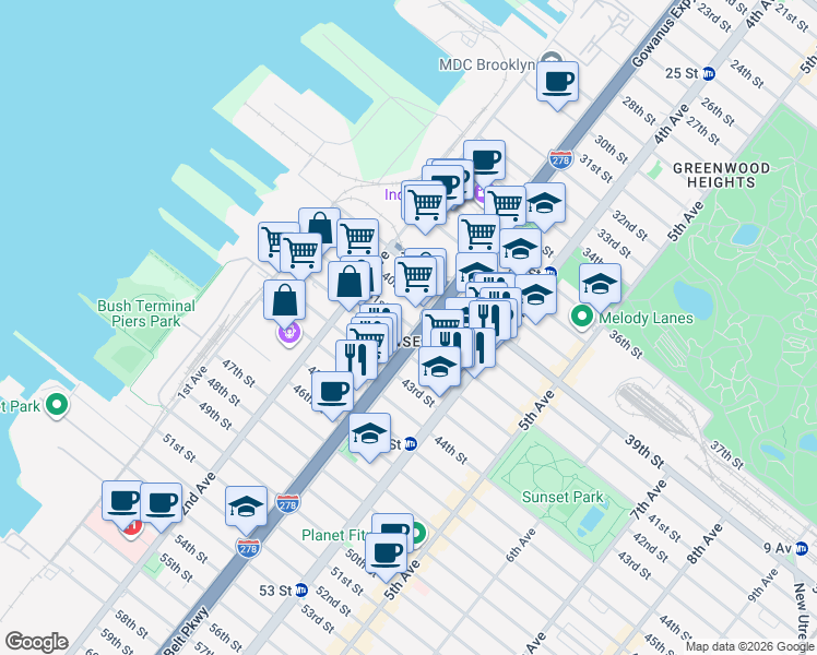 map of restaurants, bars, coffee shops, grocery stores, and more near in Brooklyn