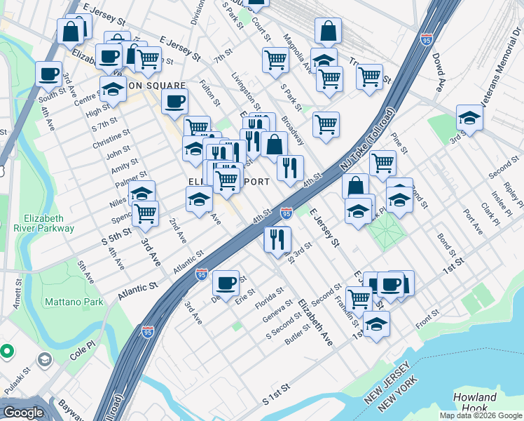 map of restaurants, bars, coffee shops, grocery stores, and more near 414 Marshall Street in Elizabeth