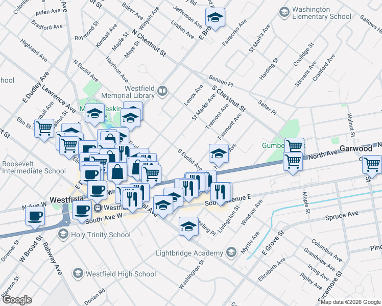 map of restaurants, bars, coffee shops, grocery stores, and more near 403 South Euclid Avenue in Westfield