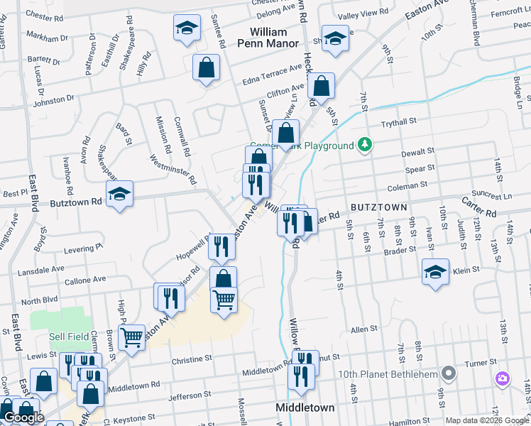 map of restaurants, bars, coffee shops, grocery stores, and more near 2641 Willow Park Road in Bethlehem
