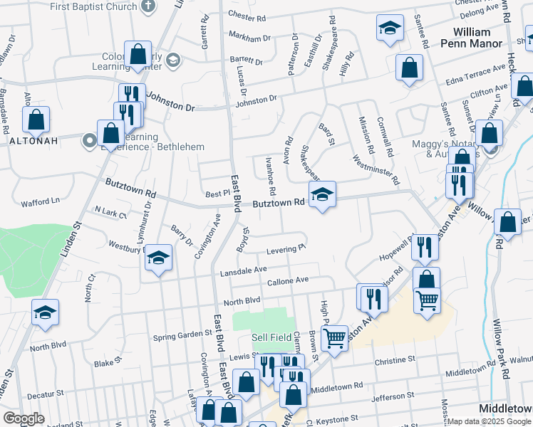 map of restaurants, bars, coffee shops, grocery stores, and more near 2733 Clermont Street in Bethlehem