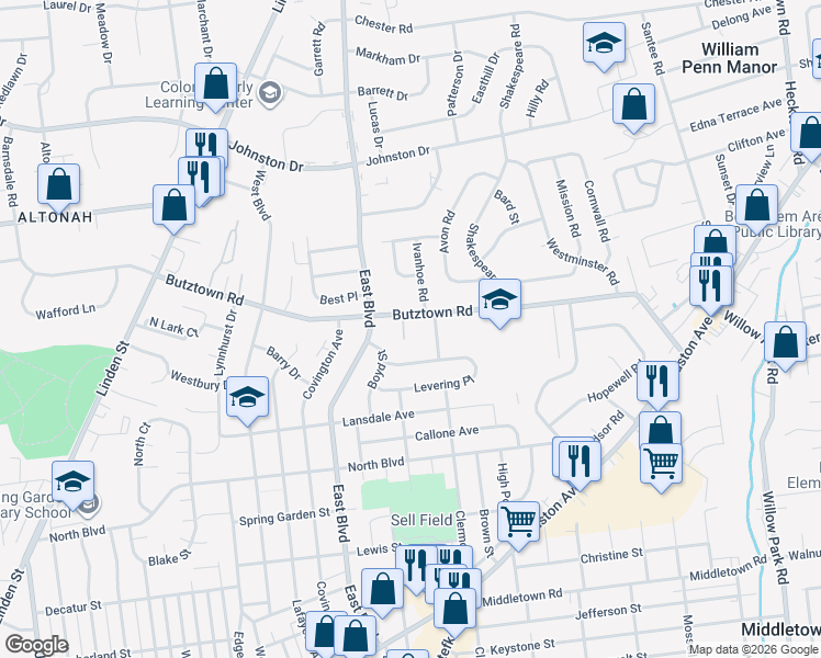 map of restaurants, bars, coffee shops, grocery stores, and more near 2733 Clermont Street in Bethlehem