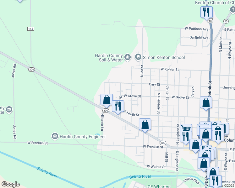 map of restaurants, bars, coffee shops, grocery stores, and more near 401 Scott Avenue in Kenton
