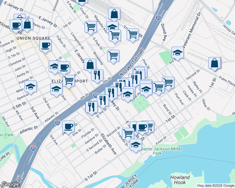 map of restaurants, bars, coffee shops, grocery stores, and more near 313 Livingston Street in Elizabeth