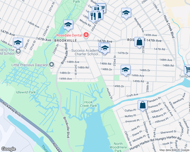 map of restaurants, bars, coffee shops, grocery stores, and more near 148-71 Edgewood Street in Queens