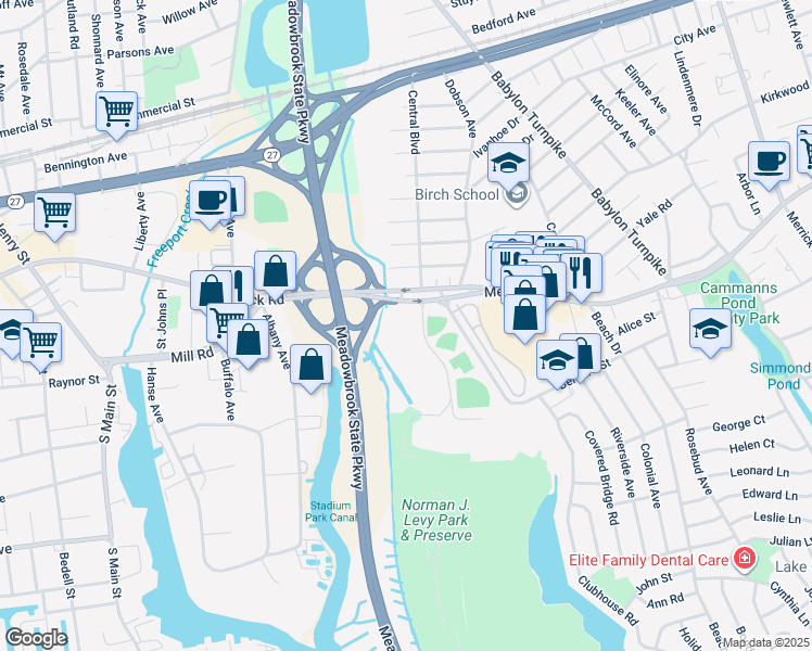 map of restaurants, bars, coffee shops, grocery stores, and more near 1600 Merrick Road in Merrick