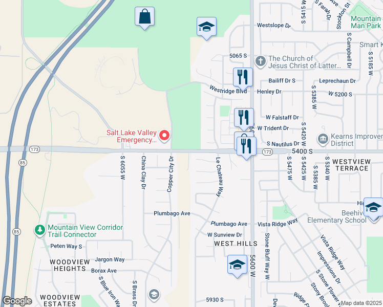 map of restaurants, bars, coffee shops, grocery stores, and more near in Kearns