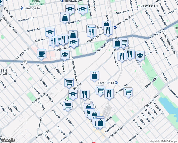 map of restaurants, bars, coffee shops, grocery stores, and more near 10227 Avenue D in Brooklyn