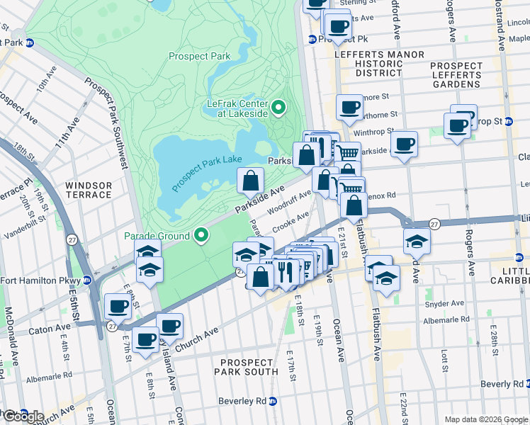 map of restaurants, bars, coffee shops, grocery stores, and more near 25 Woodruff Avenue in Brooklyn