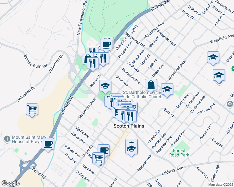 map of restaurants, bars, coffee shops, grocery stores, and more near 1941 Grand Street in Scotch Plains
